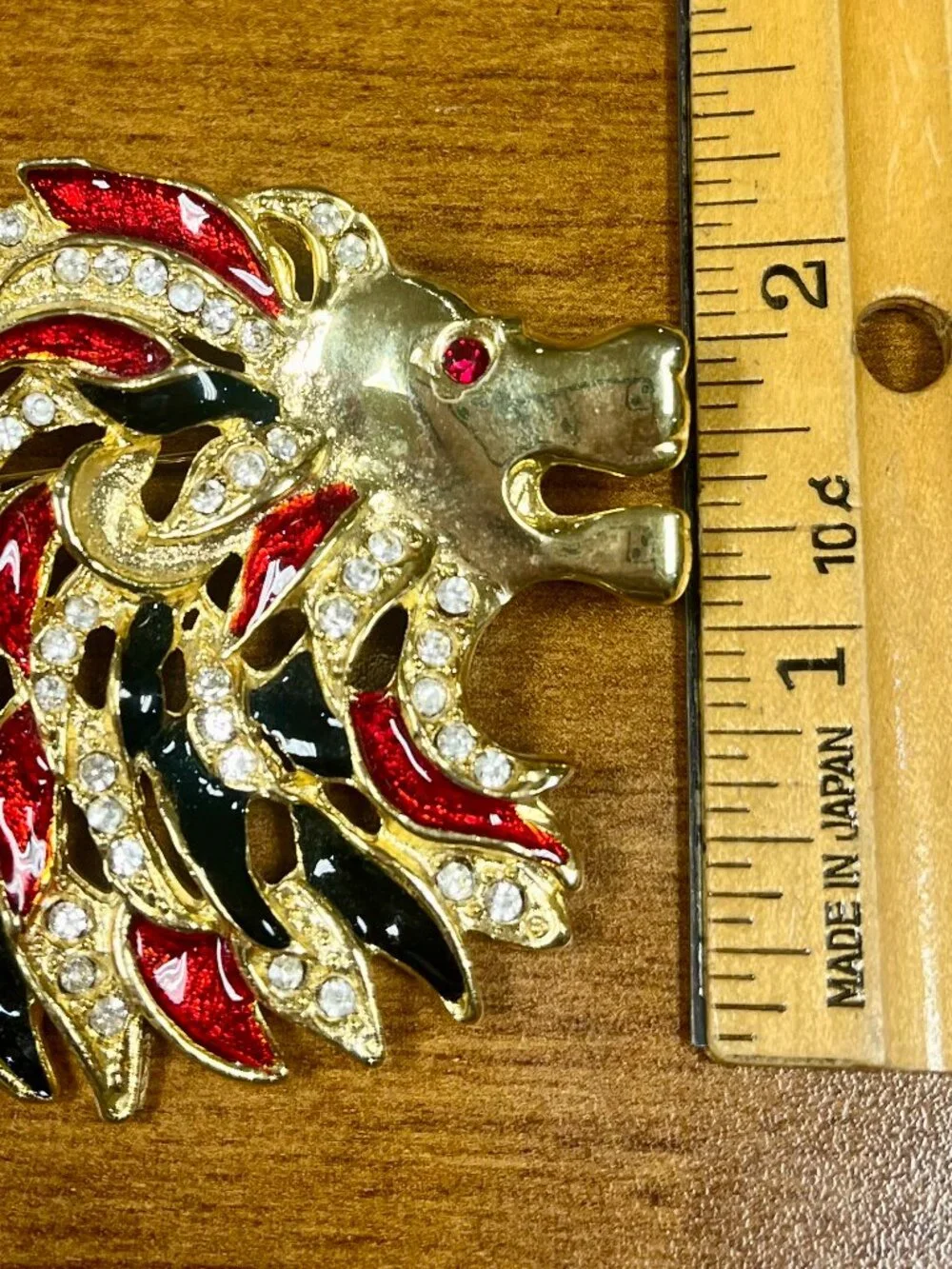 Gold Tone Lion Head Brooch Red Black Enamel Rhinestones Statement Pin